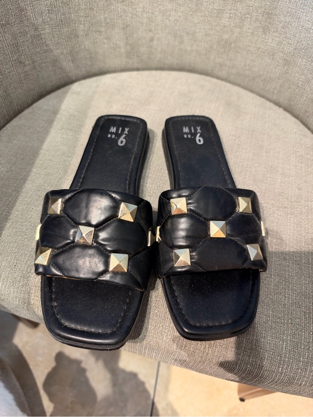 Mix No. 6 Black Quilted Slide Sandals with Gold Studs